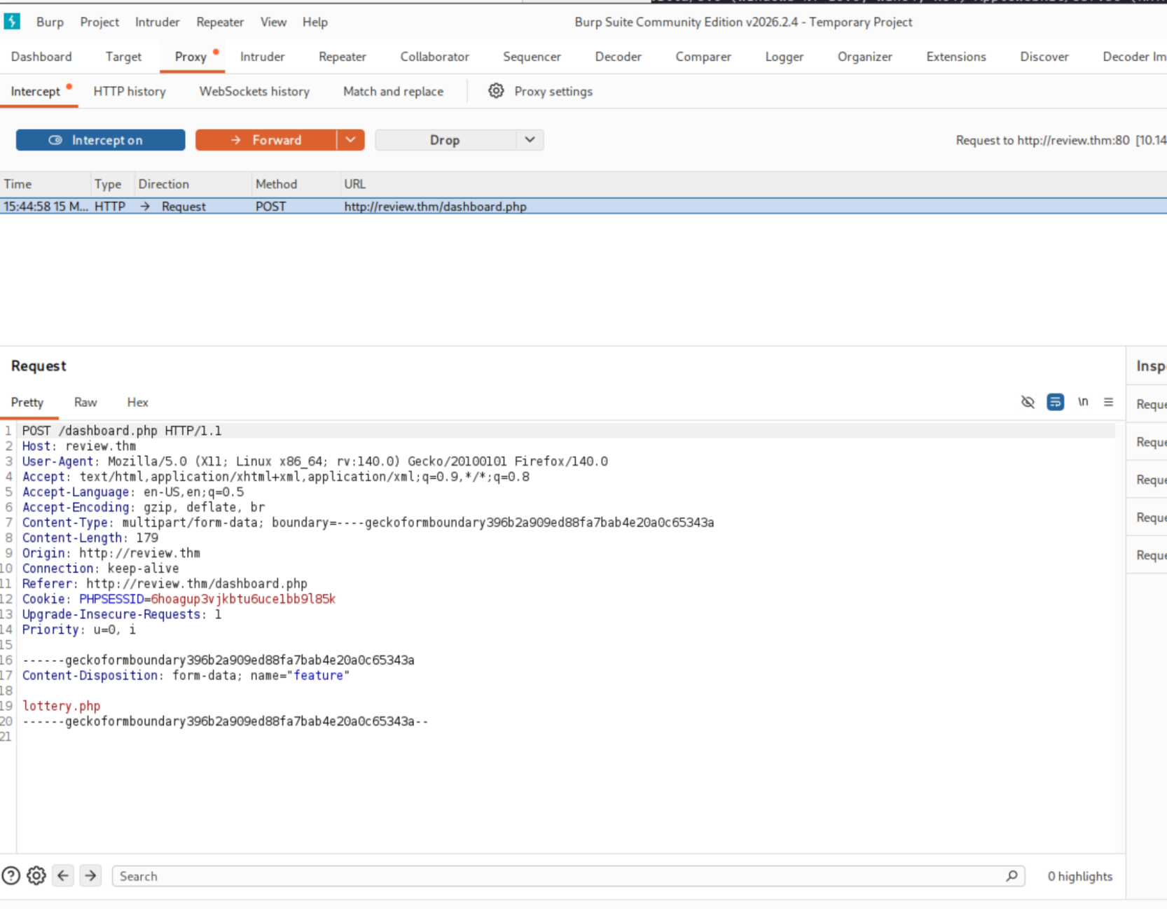 Burp intercepting the dashboard POST request showing feature parameter